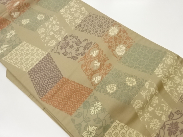 JAPANESE KIMONO / NAGOYA OBI / SILK / ABSTRACT SHIKISHI & CLASSICAL FLORAL ARABESQUE